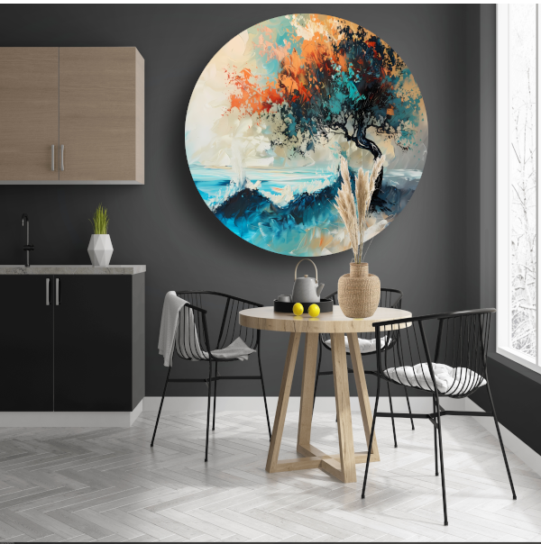 Expressieve Abstracte Boom aan Zee met Levendige Kleuren aluminium muurcirkel