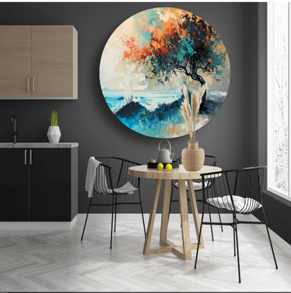 Expressieve Abstracte Boom aan Zee met Levendige Kleuren aluminium muurcirkel