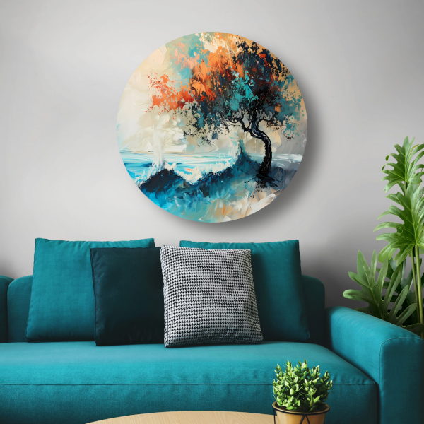 Expressieve Abstracte Boom aan Zee met Levendige Kleuren aluminium muurcirkel