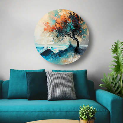 Expressieve Abstracte Boom aan Zee met Levendige Kleuren aluminium muurcirkel