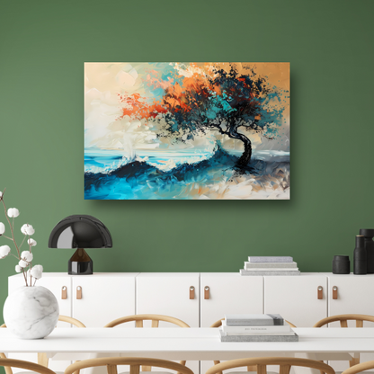 Expressieve Abstracte Boom aan Zee met Levendige Kleuren poster