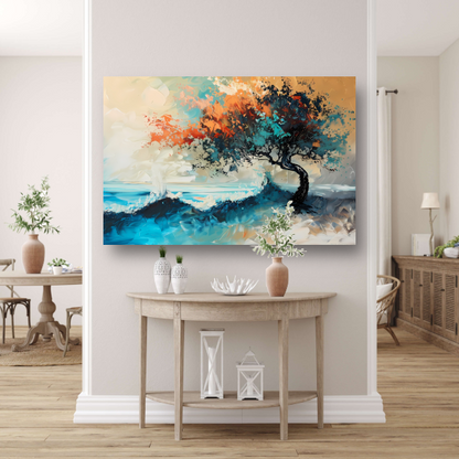 Expressieve Abstracte Boom aan Zee met Levendige Kleuren poster