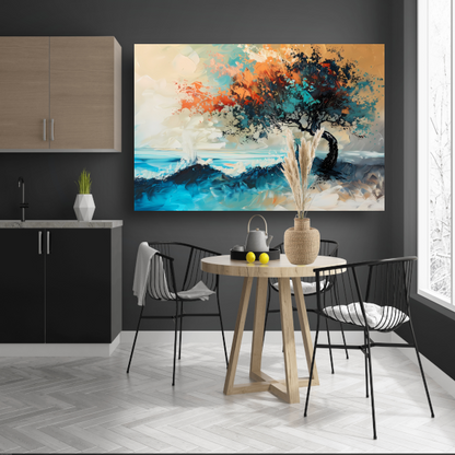 Expressieve Abstracte Boom aan Zee met Levendige Kleuren poster