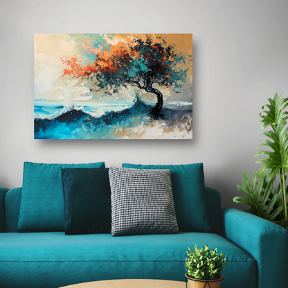 Expressieve Abstracte Boom aan Zee met Levendige Kleuren poster