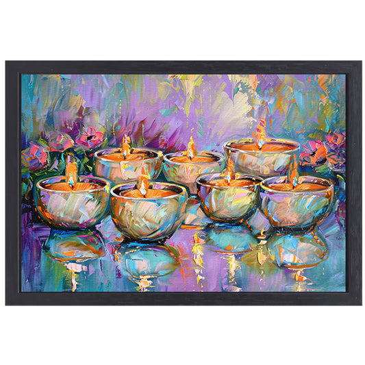Kleurrijk abstract schilderij van brandende kaarsen canvas met baklijst