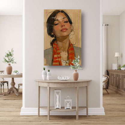 Elegante vrouw met kleurrijke sjaal acrylglas