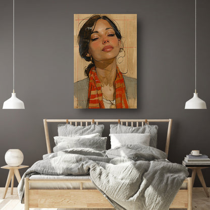 Elegante vrouw met kleurrijke sjaal canvas met baklijst