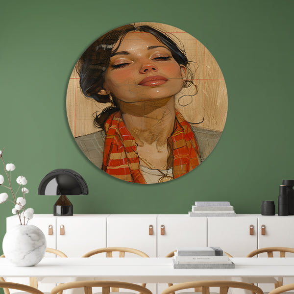 Elegante vrouw met kleurrijke sjaal aluminium muurcirkel