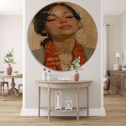 Elegante vrouw met kleurrijke sjaal aluminium muurcirkel