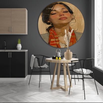 Elegante vrouw met kleurrijke sjaal aluminium muurcirkel