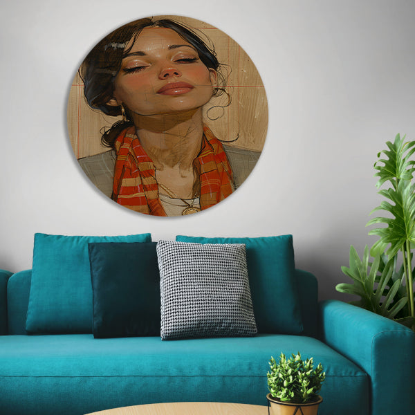 Elegante vrouw met kleurrijke sjaal aluminium muurcirkel