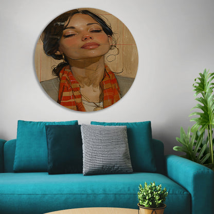 Elegante vrouw met kleurrijke sjaal aluminium muurcirkel