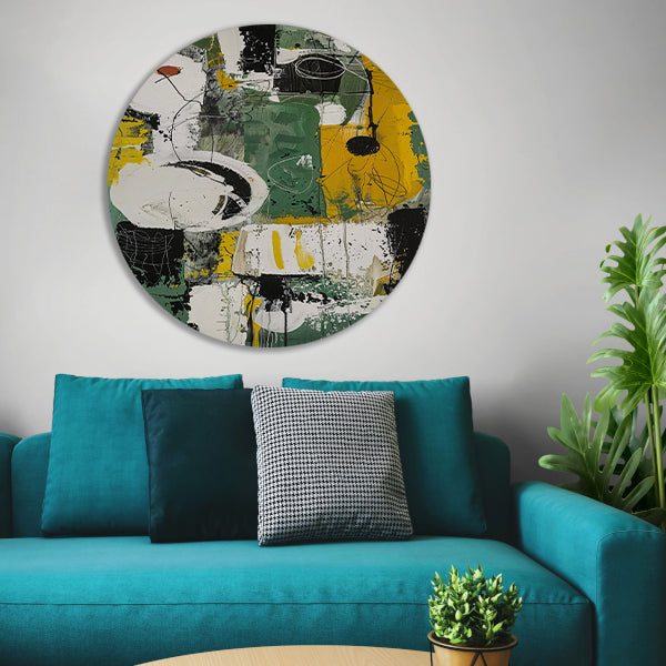 Abstract dynamisch schilderij met levendige kleuren aluminium muurcirkel