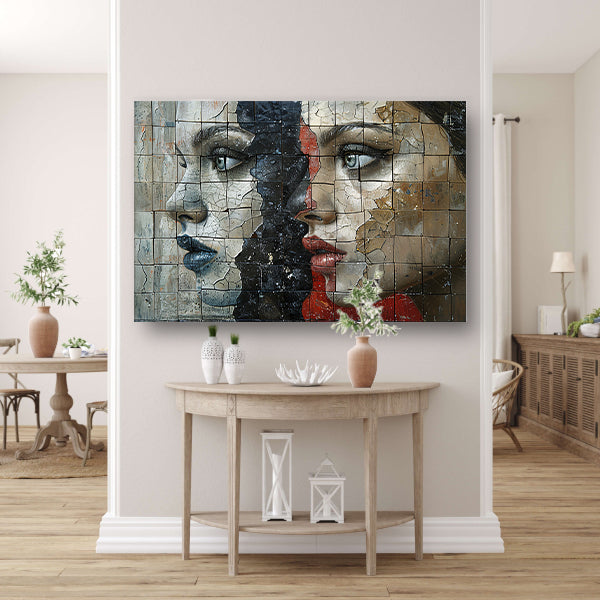 Twee Gezichten Verdeeld door Kleur en Textuur canvas met baklijst