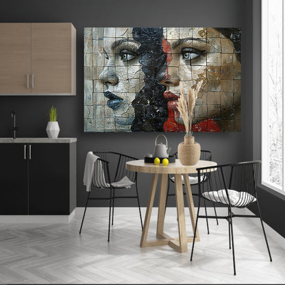 Twee Gezichten Verdeeld door Kleur en Textuur canvas met baklijst