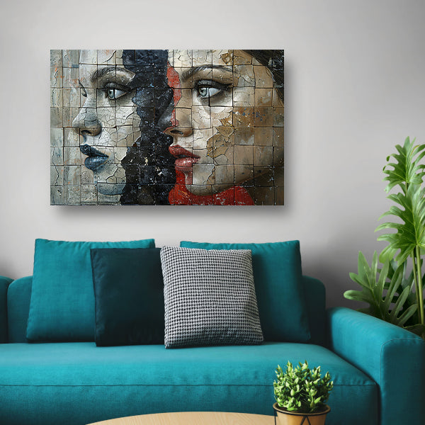 Twee Gezichten Verdeeld door Kleur en Textuur canvas met baklijst