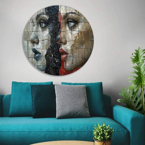 Twee Gezichten Verdeeld door Kleur en Textuur aluminium muurcirkel