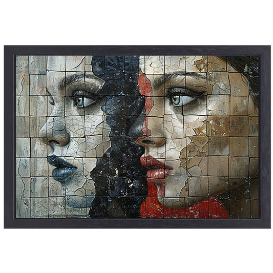 Twee Gezichten Verdeeld door Kleur en Textuur canvas met baklijst