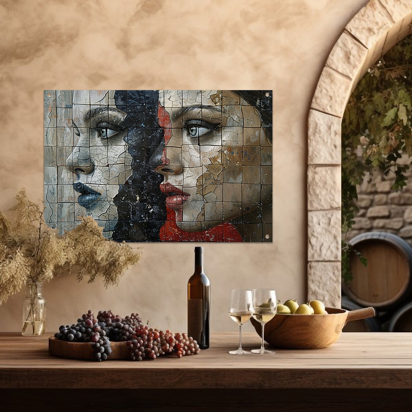 Twee Gezichten Verdeeld door Kleur en Textuur tuinposter
