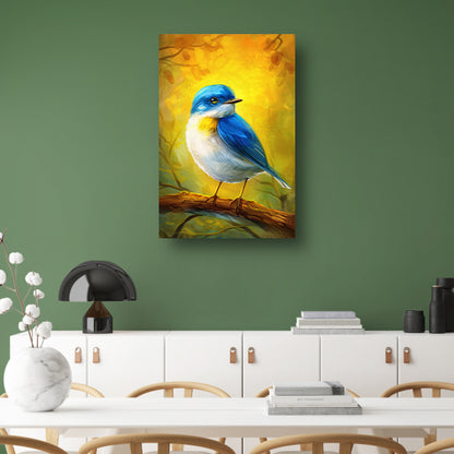 Digitale schilderij van kleurrijke vogel op tak canvas met baklijst