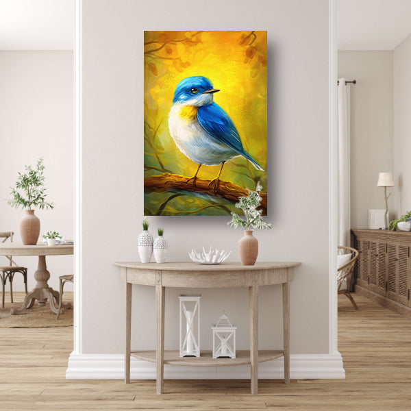 Digitale schilderij van kleurrijke vogel op tak canvas met baklijst