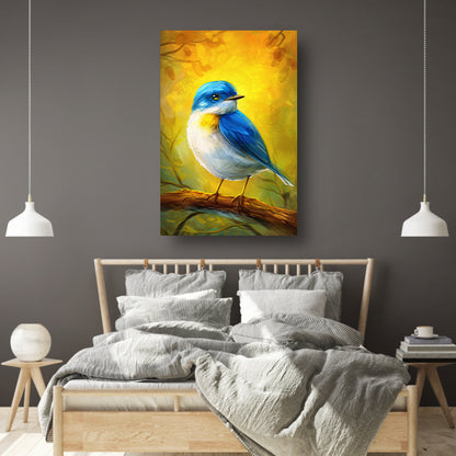 Digitale schilderij van kleurrijke vogel op tak canvas met baklijst