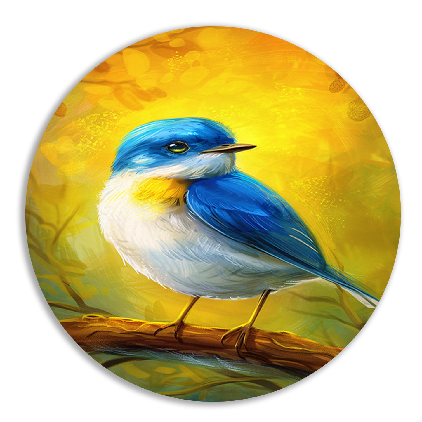 Digitale schilderij van kleurrijke vogel op tak aluminium muurcirkel