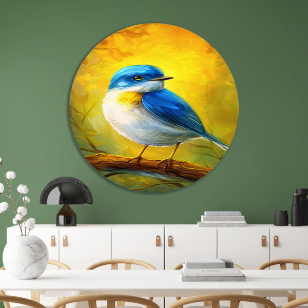 Digitale schilderij van kleurrijke vogel op tak aluminium muurcirkel