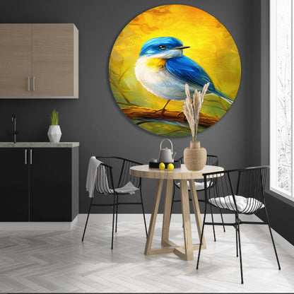 Digitale schilderij van kleurrijke vogel op tak aluminium muurcirkel