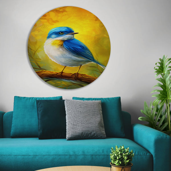 Digitale schilderij van kleurrijke vogel op tak aluminium muurcirkel
