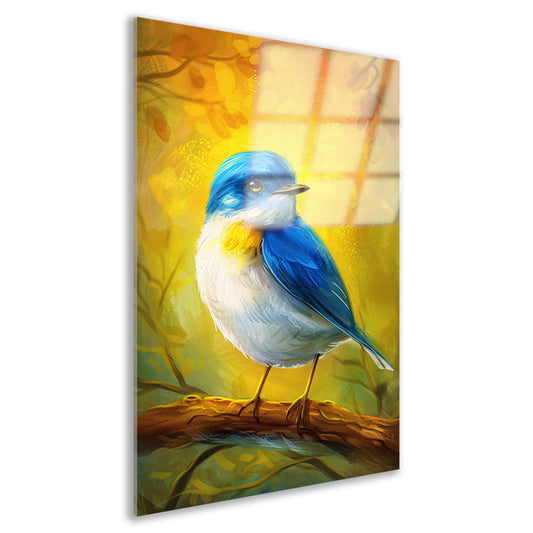 Digitale schilderij van kleurrijke vogel op tak acrylglas