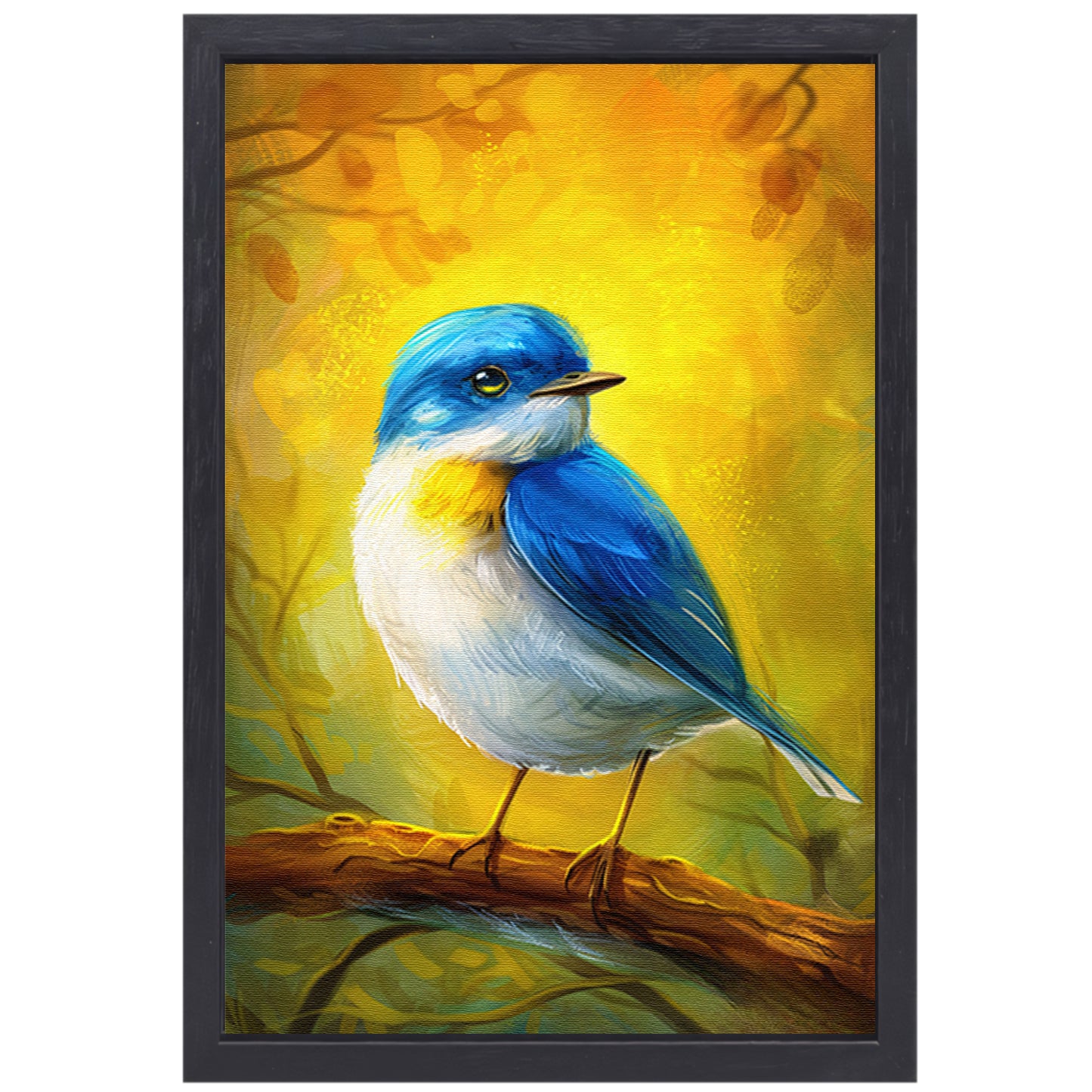 Digitale schilderij van kleurrijke vogel op tak canvas met baklijst