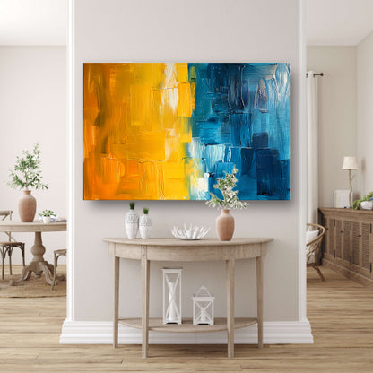 Abstract schilderij met geel en blauw poster