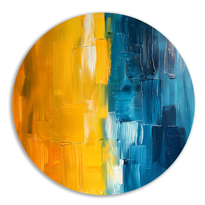 Abstract schilderij met geel en blauw aluminium muurcirkel