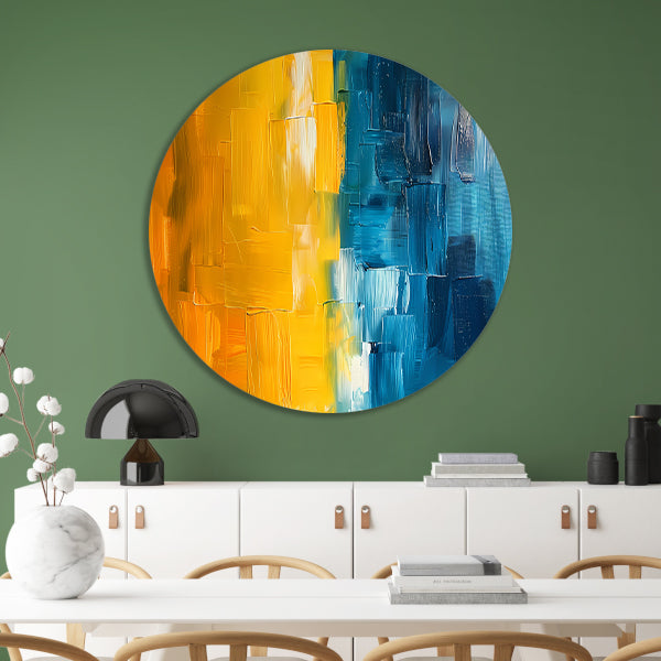 Abstract schilderij met geel en blauw aluminium muurcirkel