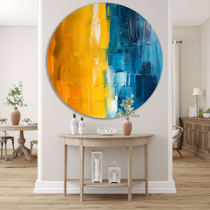 Abstract schilderij met geel en blauw aluminium muurcirkel