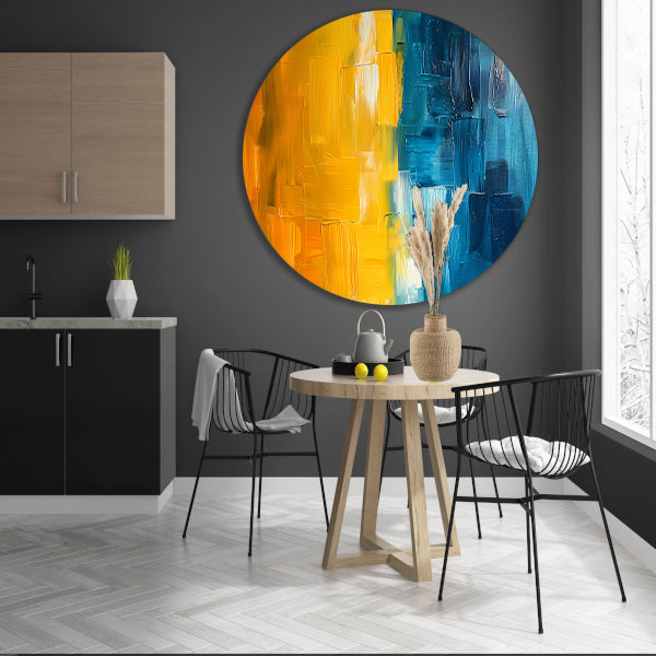 Abstract schilderij met geel en blauw aluminium muurcirkel