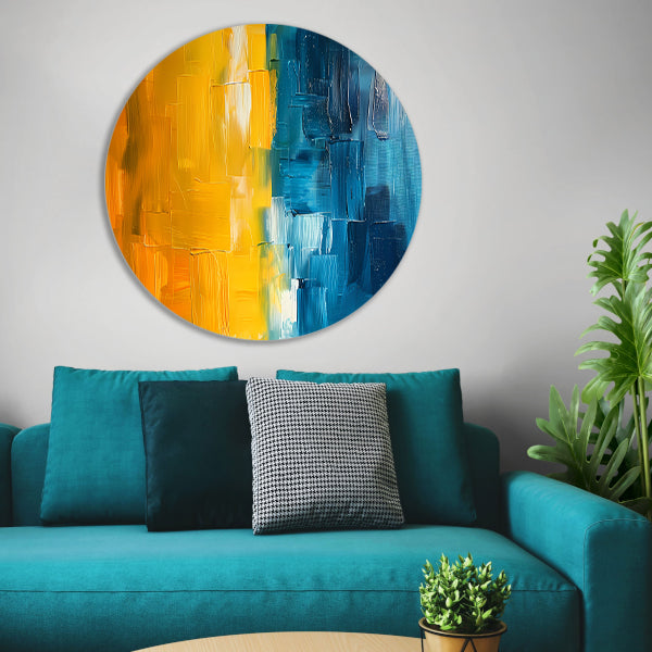 Abstract schilderij met geel en blauw forex muurcirkel