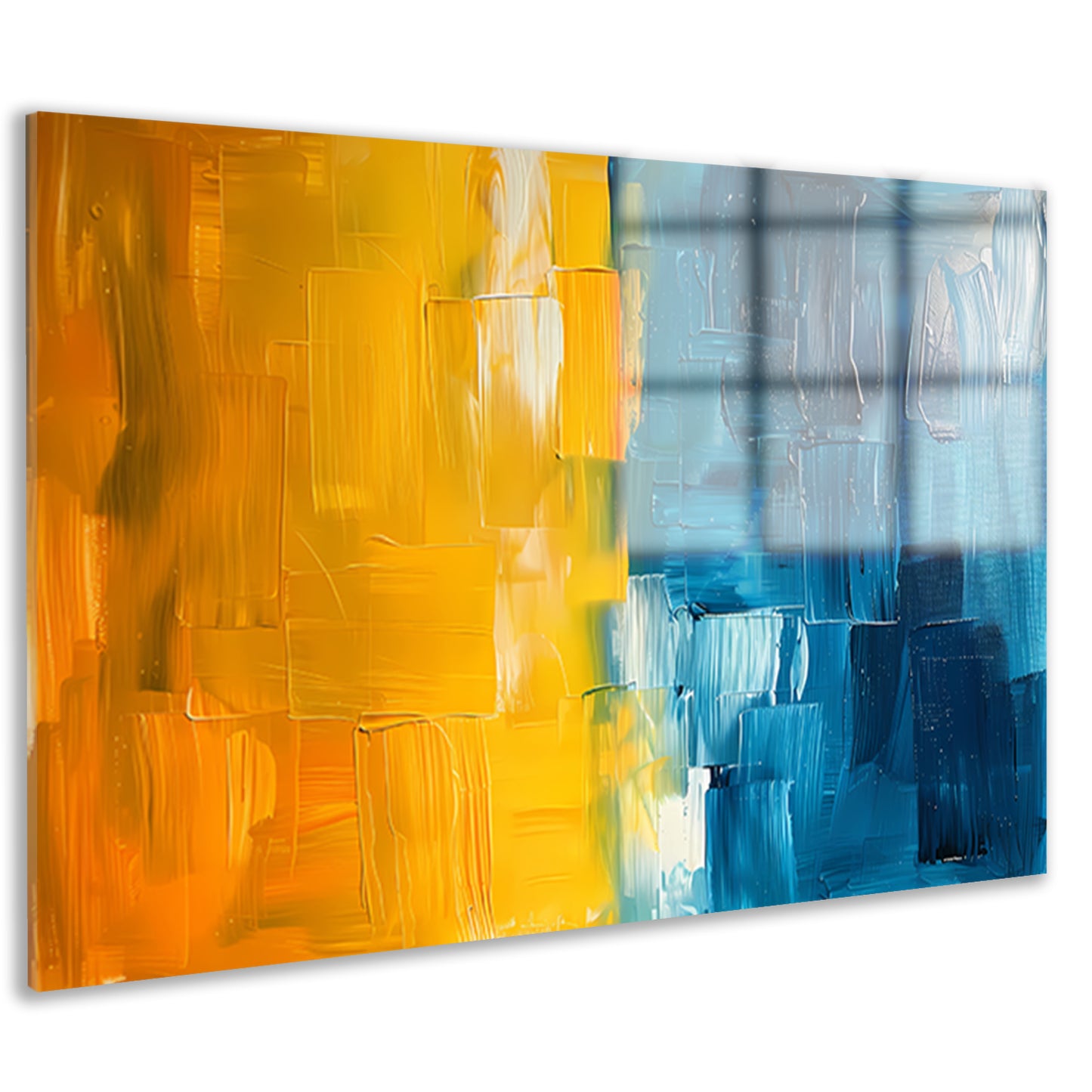 Abstract schilderij met geel en blauw acrylglas