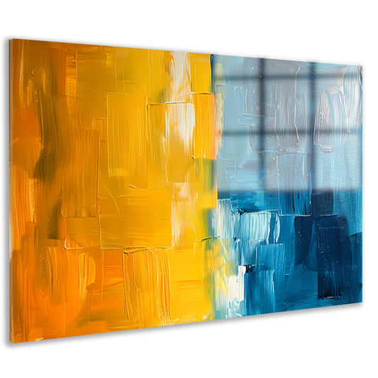 Abstract schilderij met geel en blauw acrylglas