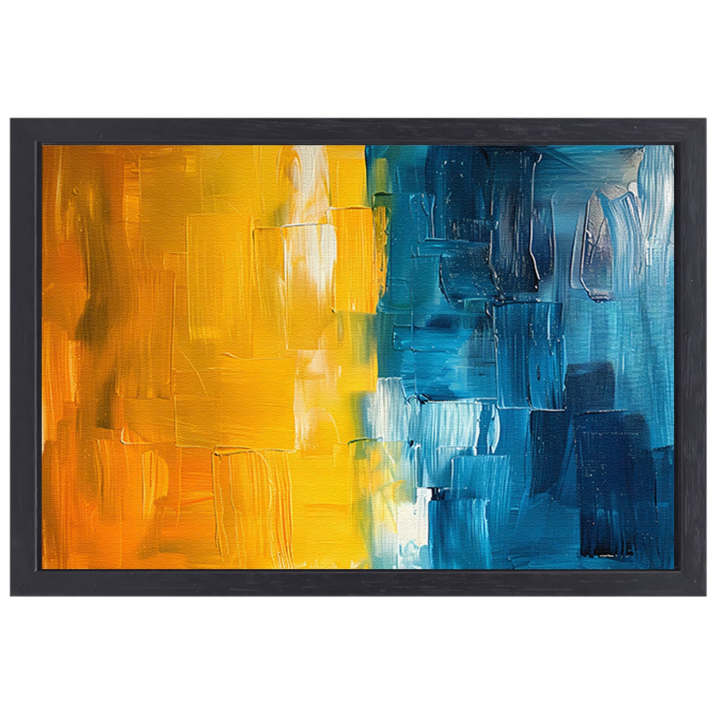 Abstract schilderij met geel en blauw canvas met baklijst