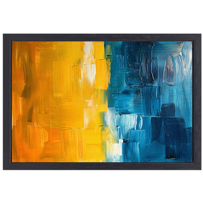 Abstract schilderij met geel en blauw canvas met baklijst