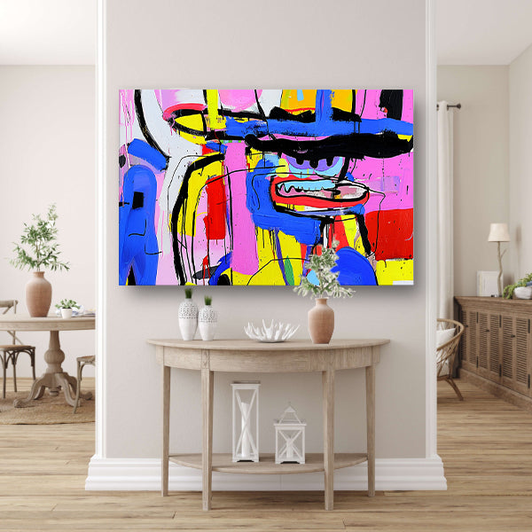 Abstract kleurrijk schilderij van figuur en kleuren canvas met baklijst