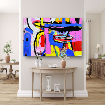 Abstract kleurrijk schilderij van figuur en kleuren canvas met baklijst