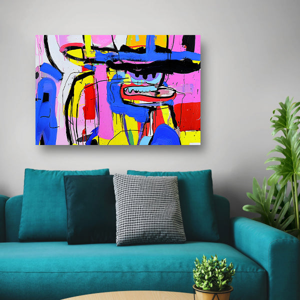 Abstract kleurrijk schilderij van figuur en kleuren canvas met baklijst