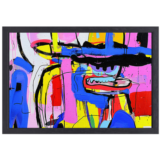 Abstract kleurrijk schilderij van figuur en kleuren canvas met baklijst