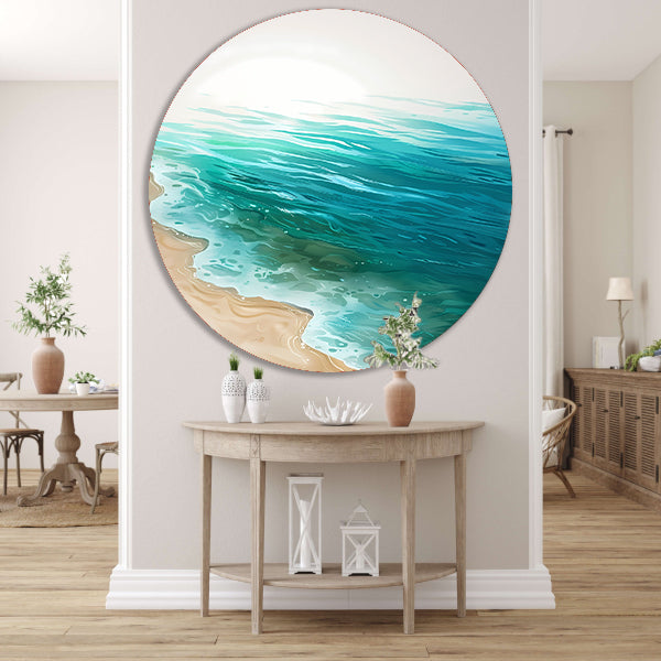 Minimalistisch schilderij van zee en strand aluminium muurcirkel