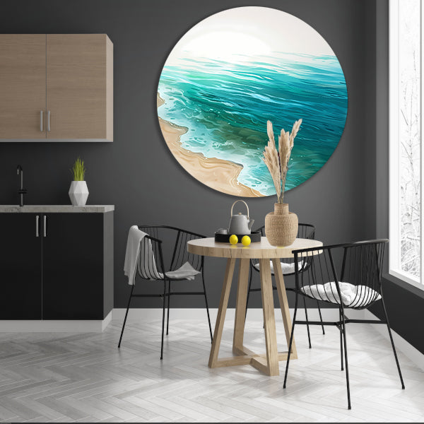 Minimalistisch schilderij van zee en strand aluminium muurcirkel