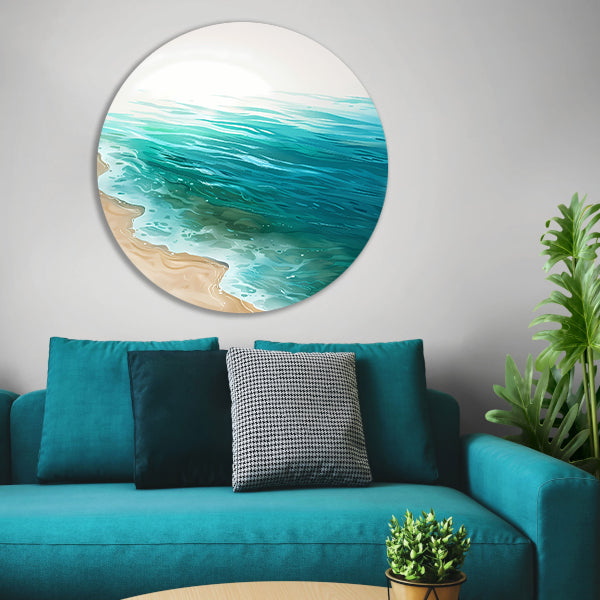 Minimalistisch schilderij van zee en strand aluminium muurcirkel