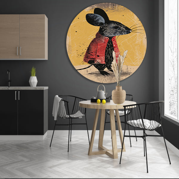 Modern muis in rood jasje met stropdas aluminium muurcirkel